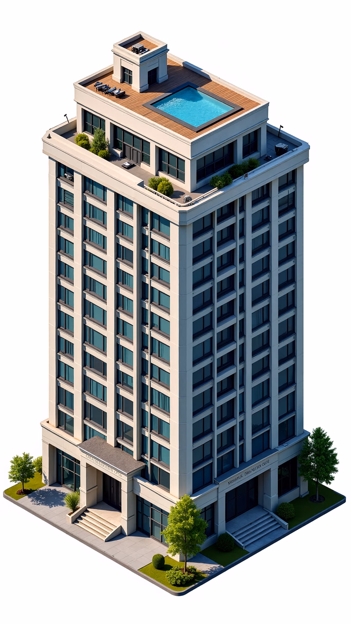 Modern apartment building with rooftop pool and lush landscaping.