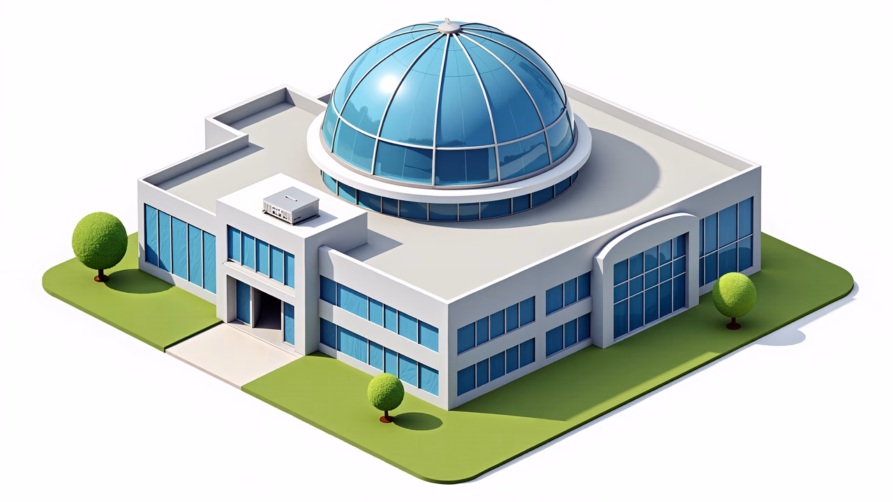 Minimalist modern building with glass dome and green surroundings.