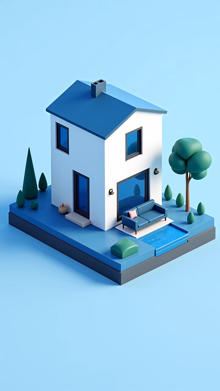 A modern, minimalist house with a blue and white color scheme, featuring a cozy patio and a small stream.