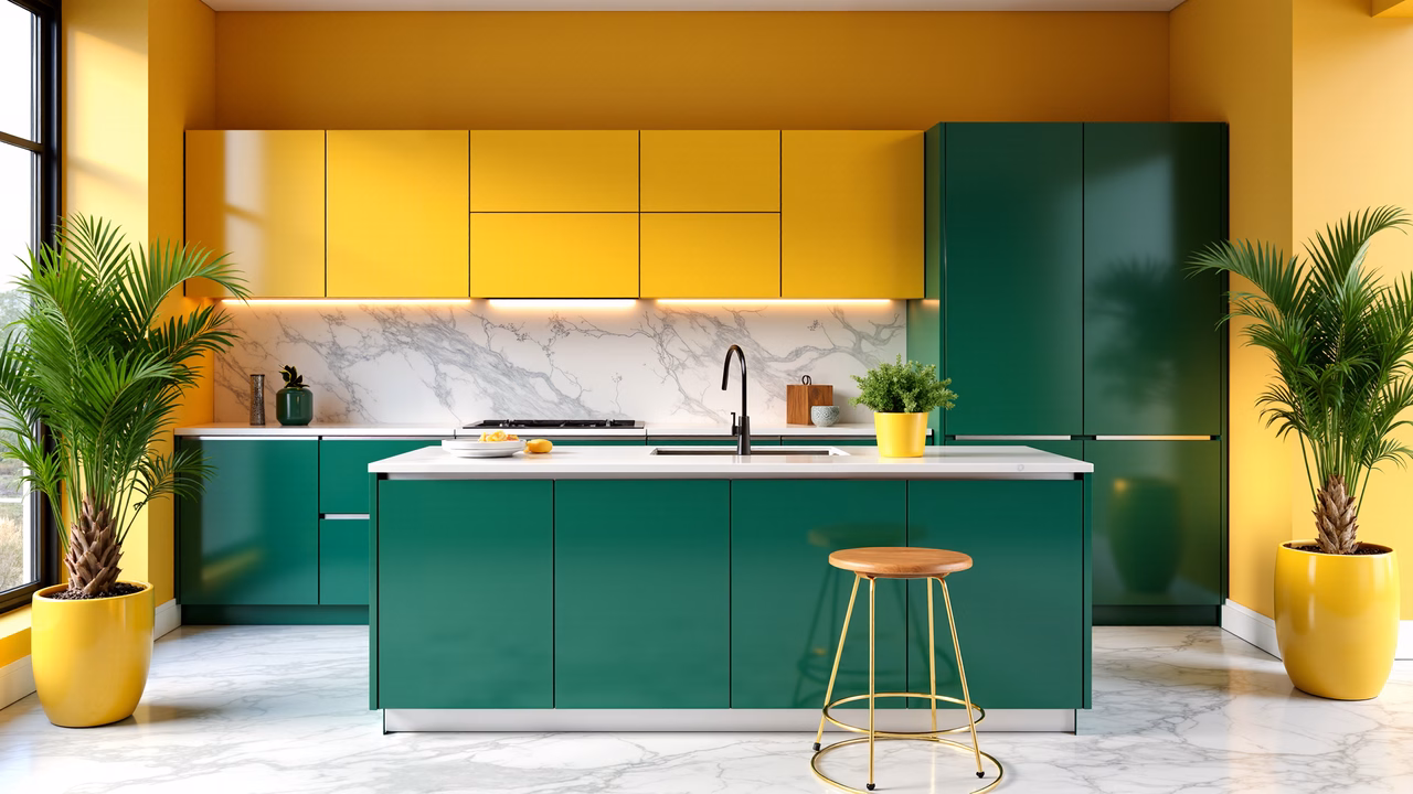 Modern kitchen with green cabinets and yellow accents, sleek design, natural plants, contemporary vibe.