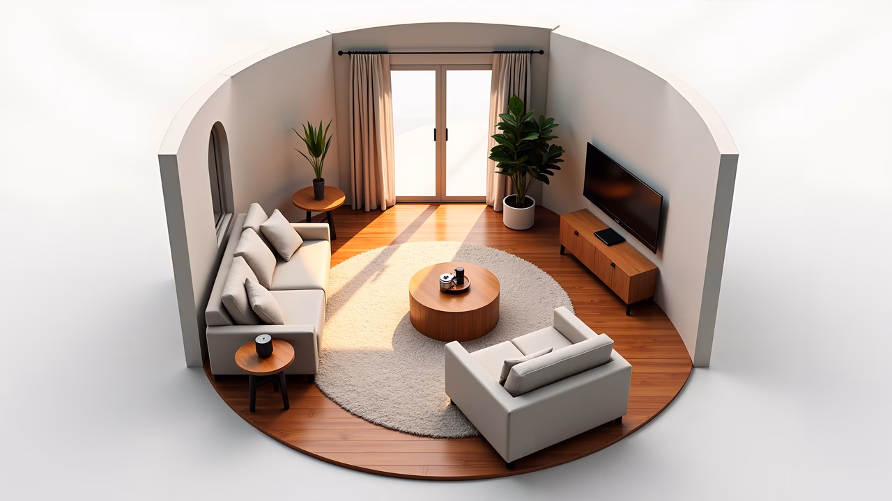Minimalist modern living room with neutral tones and natural light.