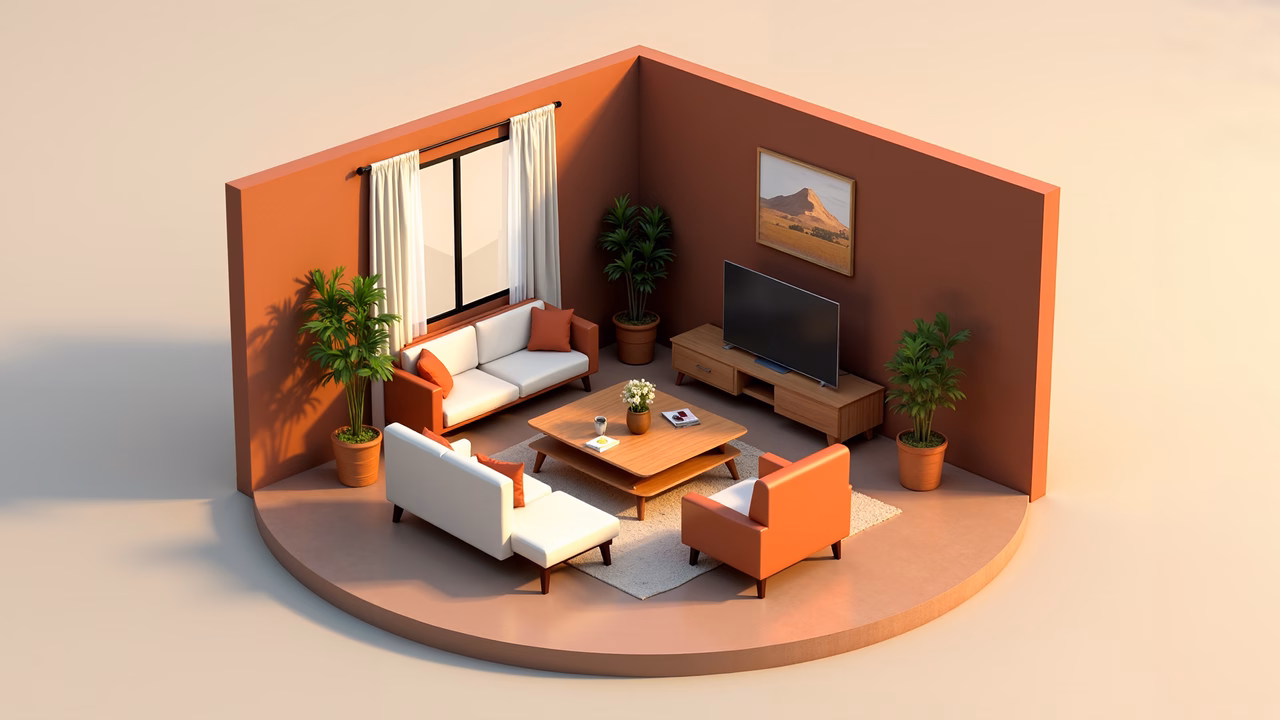 Modern minimalist living room with terracotta walls and white furniture.