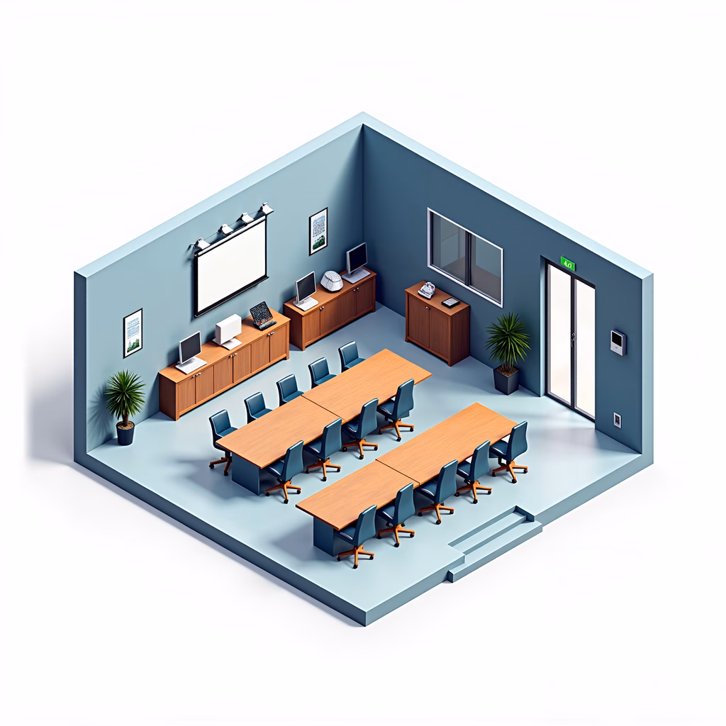 Modern meeting room with wooden furniture and a projection screen.