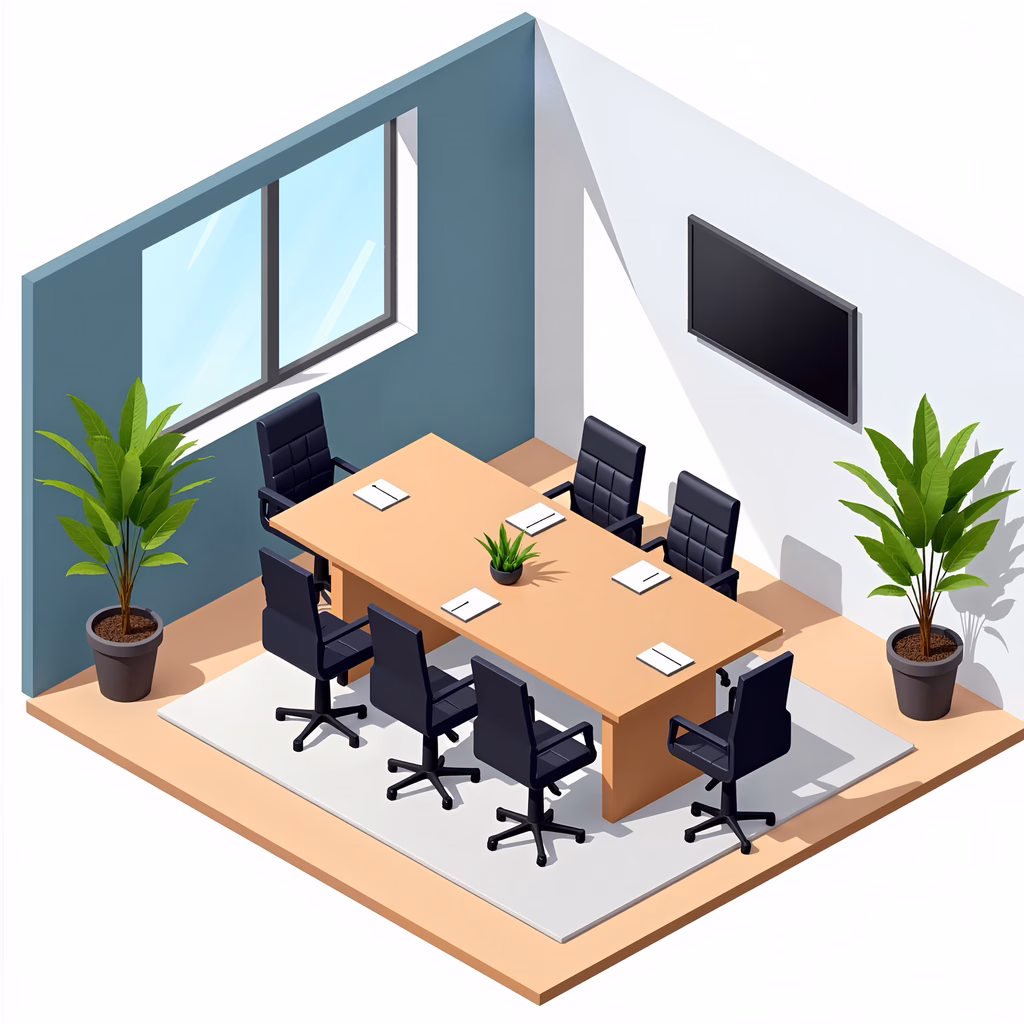Modern meeting room with wooden table, black chairs, and large windows.
