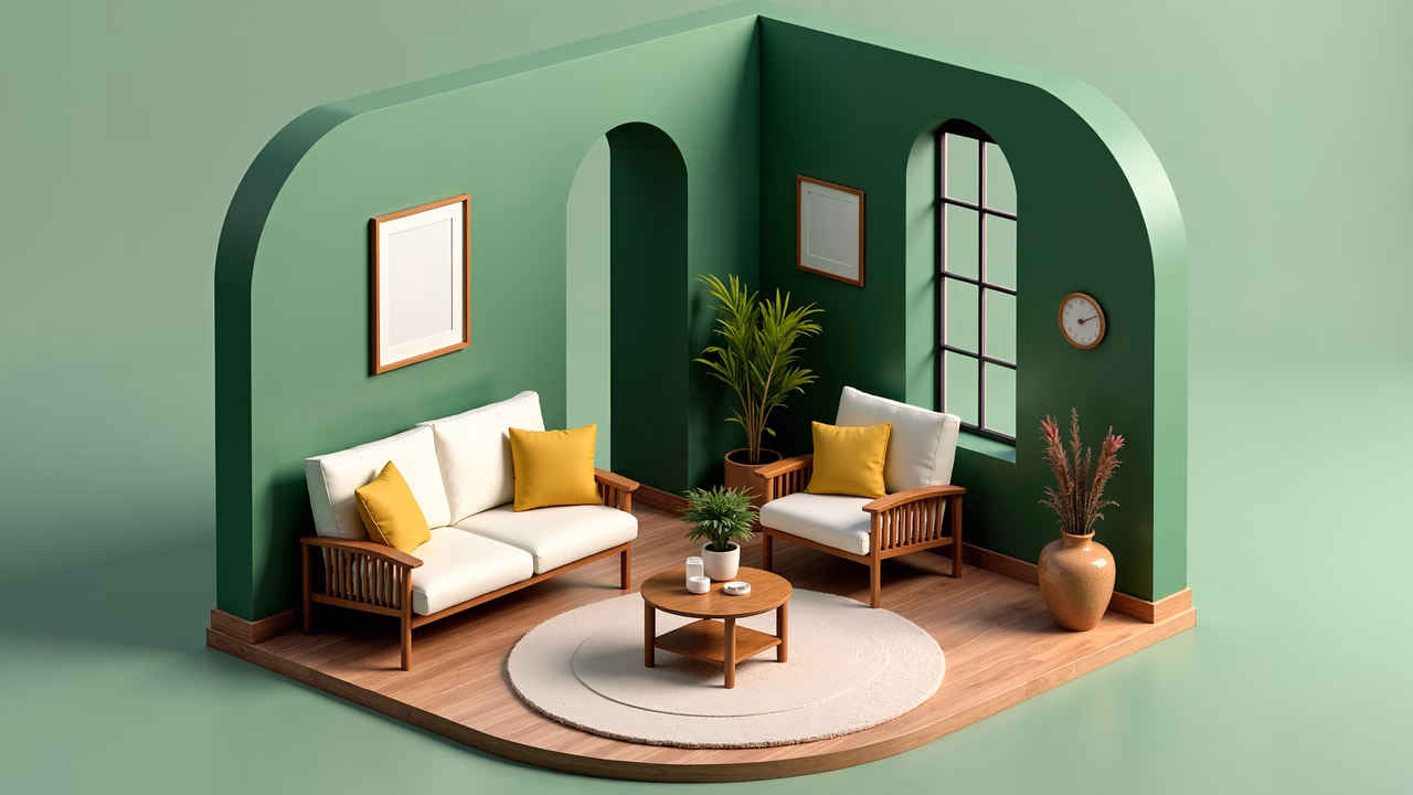 Minimalist living room with green walls and white furniture, perfect for modern interiors.