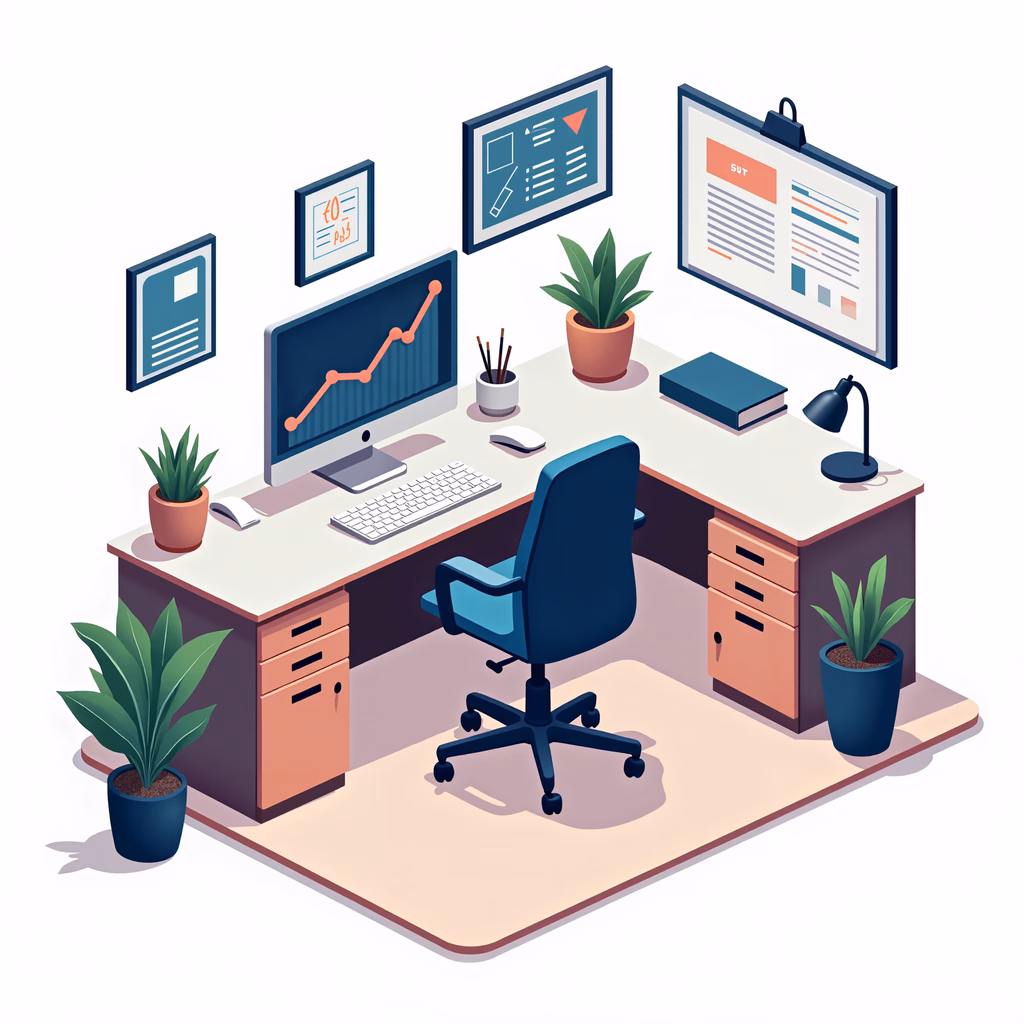 A modern office workspace with a clean desk, plants, and a comfortable chair.