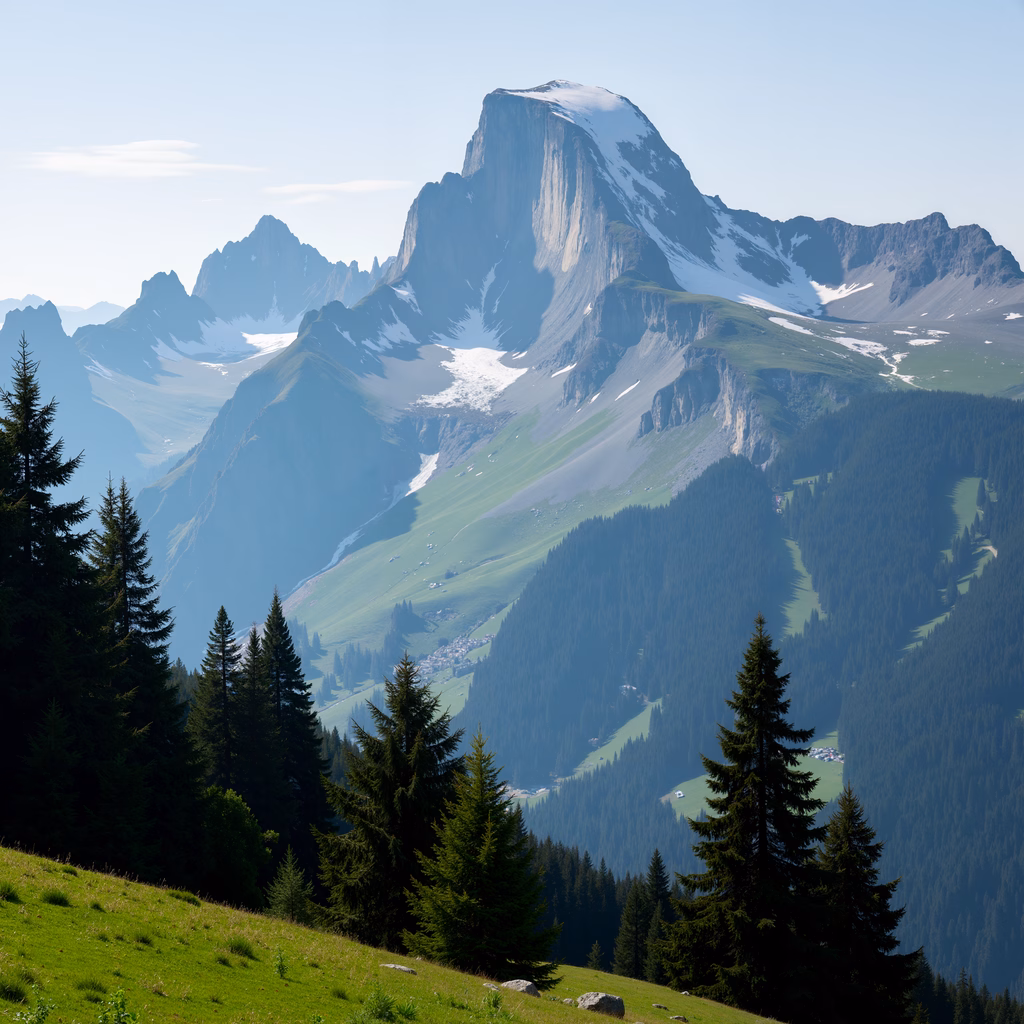 A stunning mountain landscape with snow-capped peaks and verdant valleys, captured in natural light.