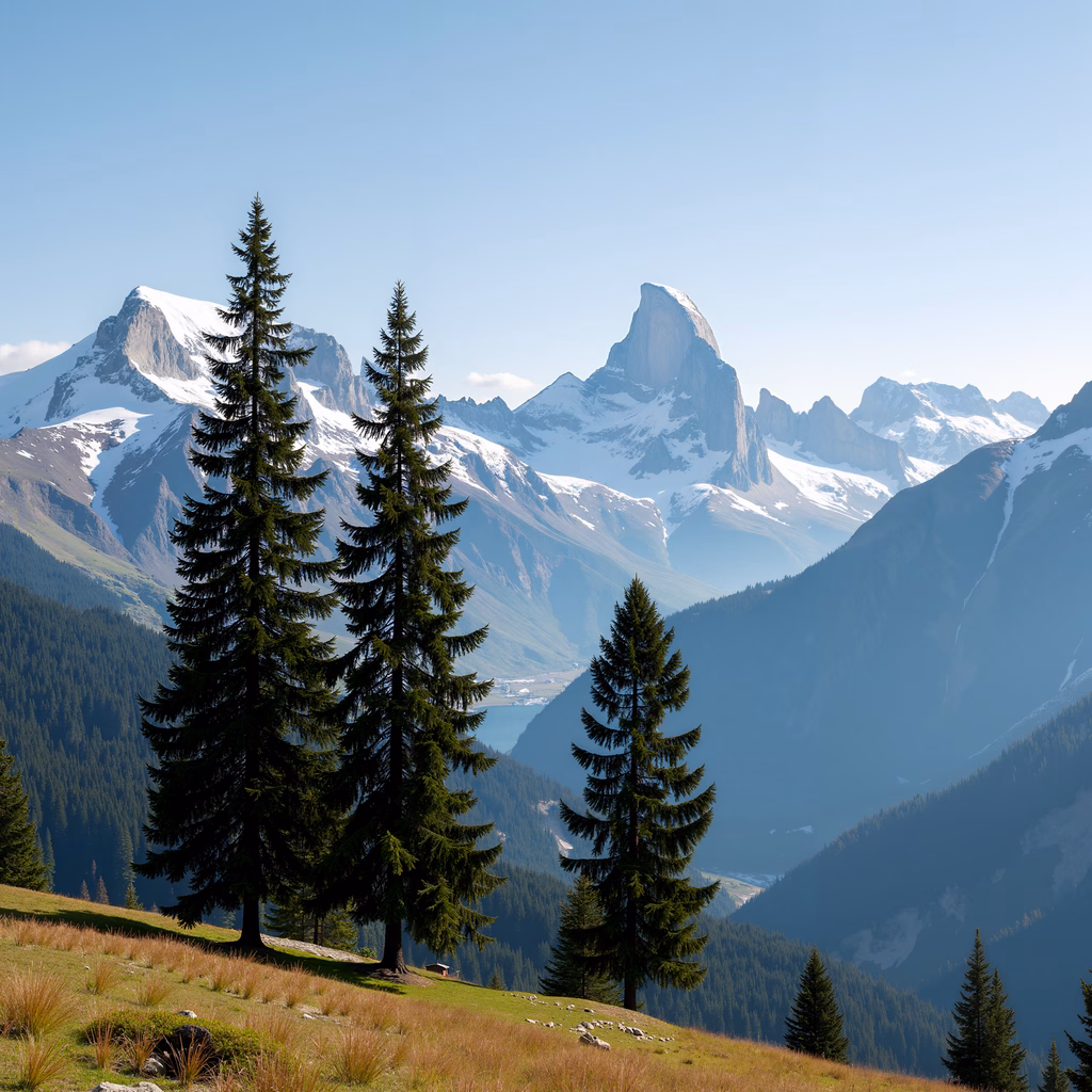 A peaceful mountain scene with pine trees and snow-capped peaks under a clear sky.