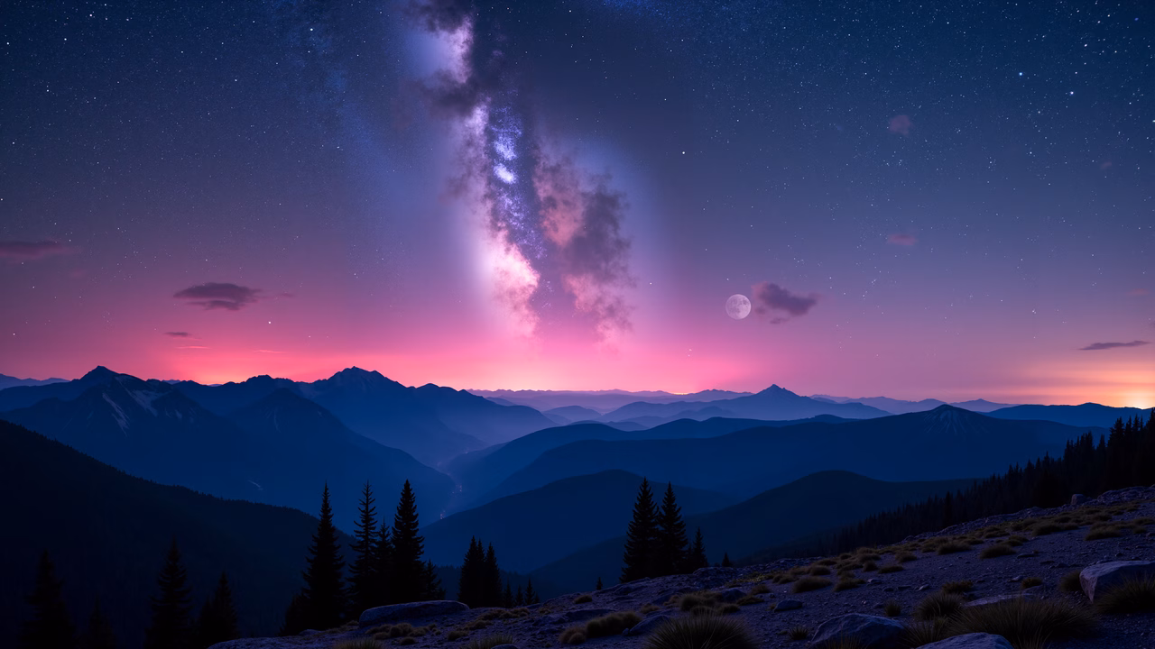 Stunning night sky over mountainous terrain with vibrant colors and a full moon.