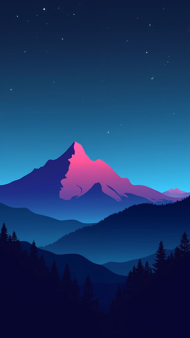Minimalist mountain silhouette glowing in pink against a gradient blue sky, evoking tranquility and mystery.