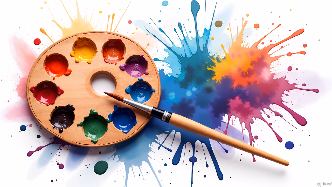 Vibrant paint palette with colorful splatters and a paintbrush, symbolizing creativity and artistry.