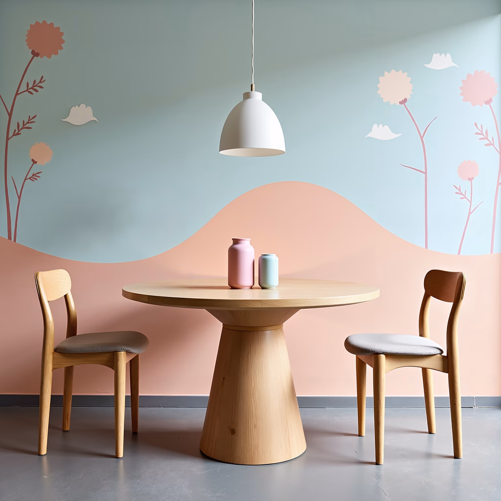 A cozy dining space with pastel colors and floral murals.
