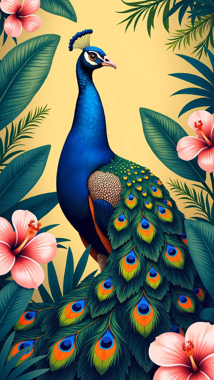 Vibrant peacock surrounded by tropical blooms in a serene illustration.