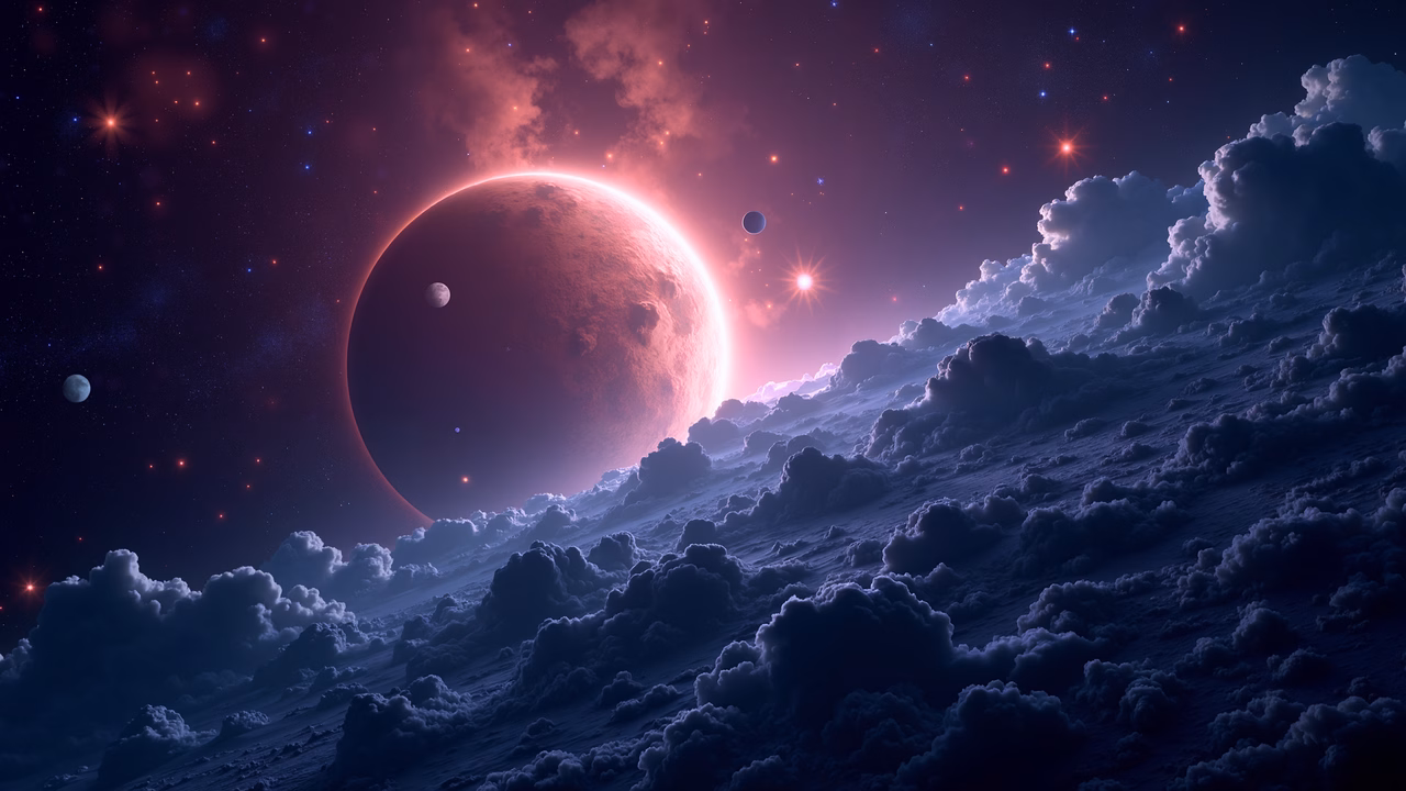 A mesmerizing depiction of a planetary eclipse in a fantastical landscape under a starlit sky.