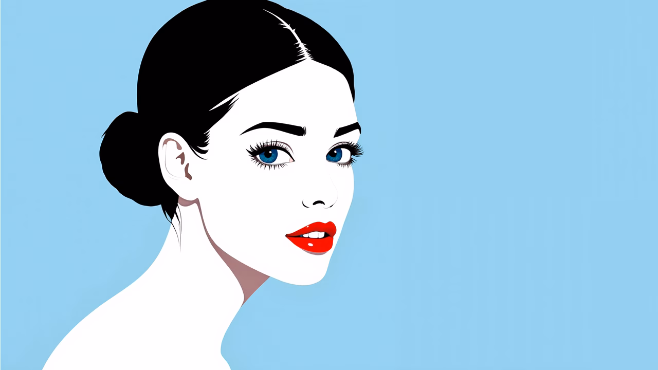 Bold pop art portrait with striking features and vibrant colors on a minimalist background.