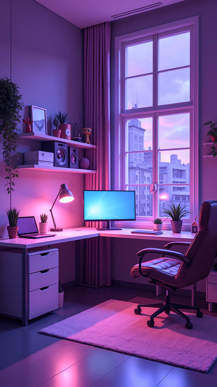 Modern home office with purple lighting and city view.