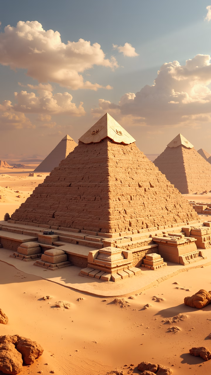 Illustrated view of the Pyramids of Giza under a clear sky, showcasing architectural beauty and historical significance.