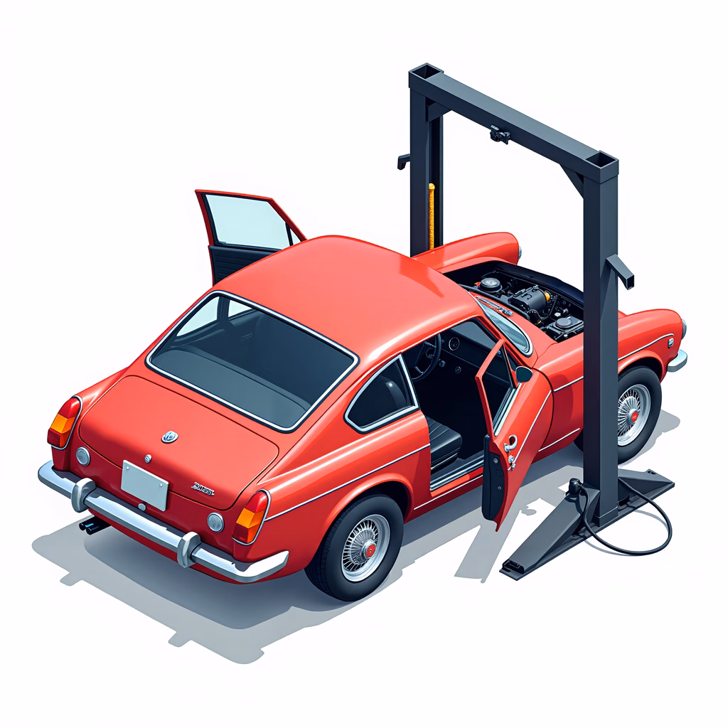 Illustrated red car on a black hydraulic lift, showcasing automotive details.