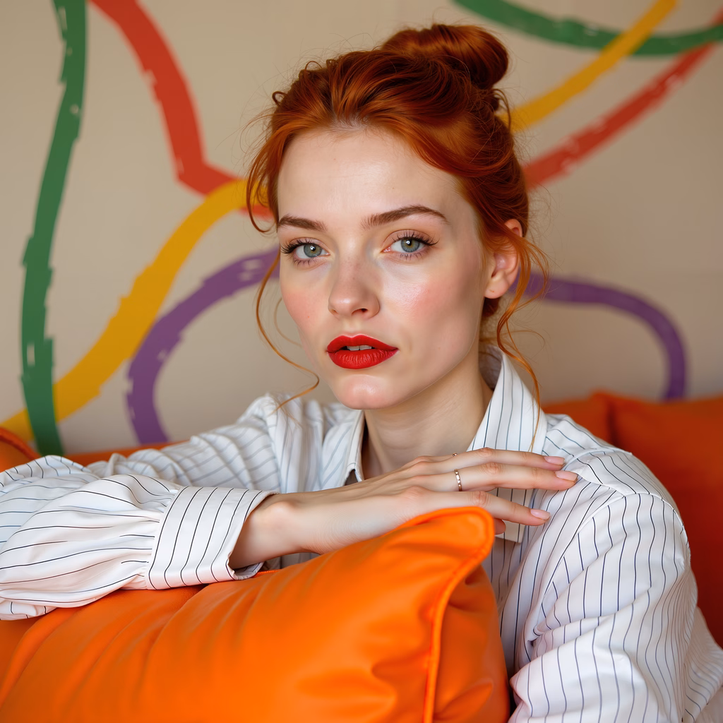 Vibrant portrait of a red-haired beauty with bold makeup and colorful background.