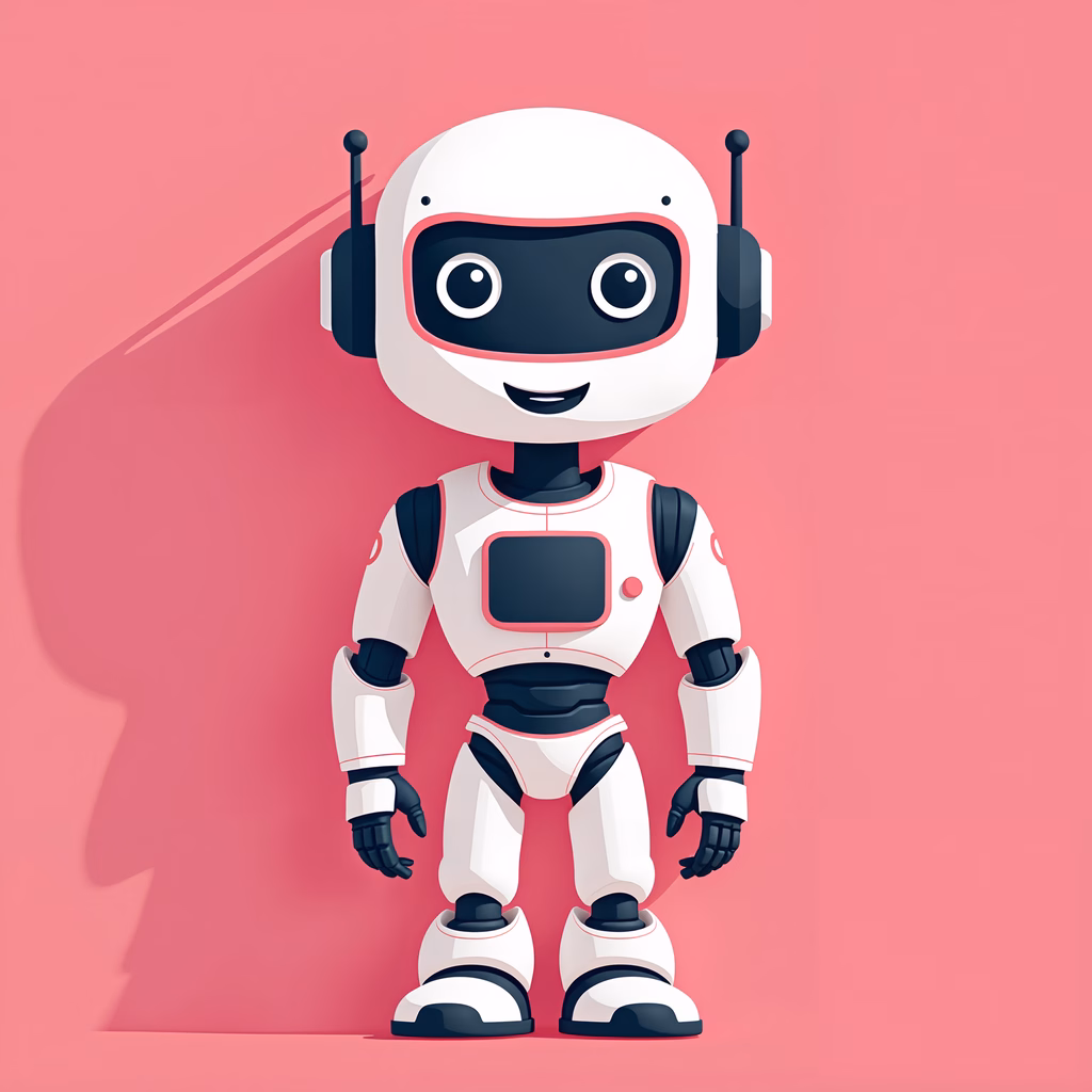 Friendly robot with big eyes and a smile, perfect for kids' art and stories.