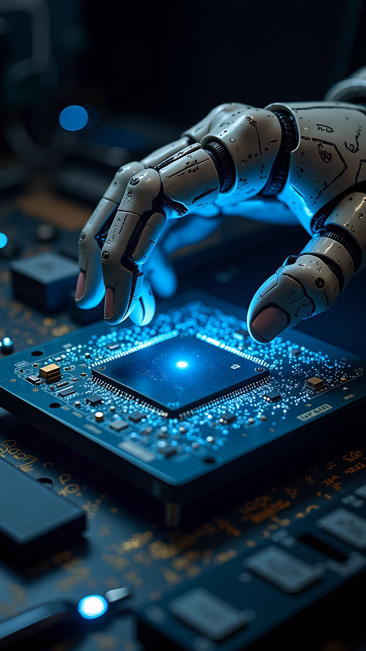 Robotic hand interacting with a glowing circuit board, symbolizing innovation and technology.