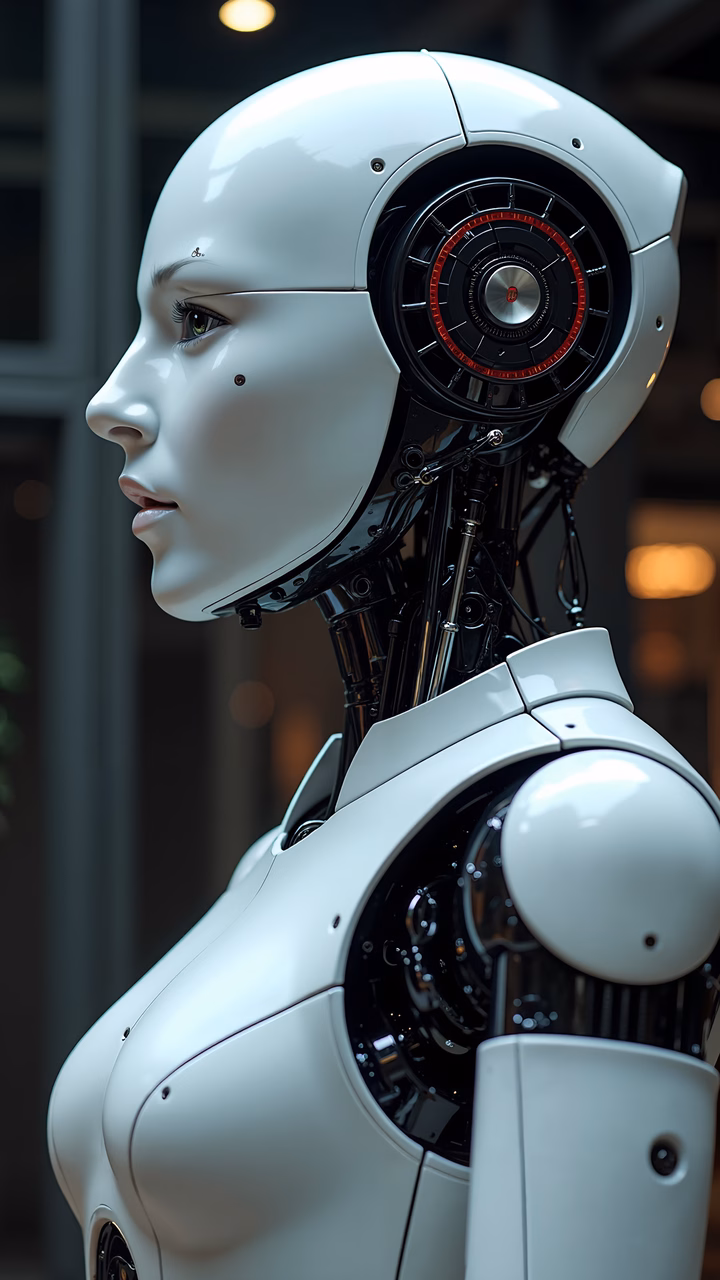 Futuristic humanoid robot with sleek design and intricate mechanical details.