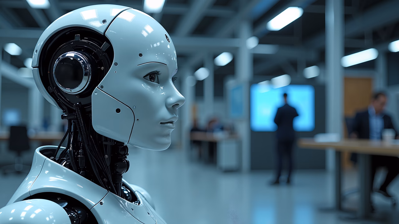 Sleek robotic companion in a modern office setting, blending technology and humanity.