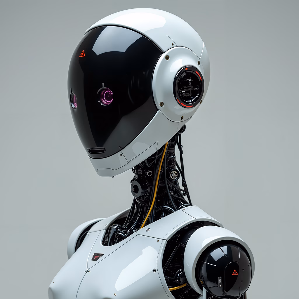 A sleek, futuristic robotic companion with glowing purple eyes and a minimalist design.