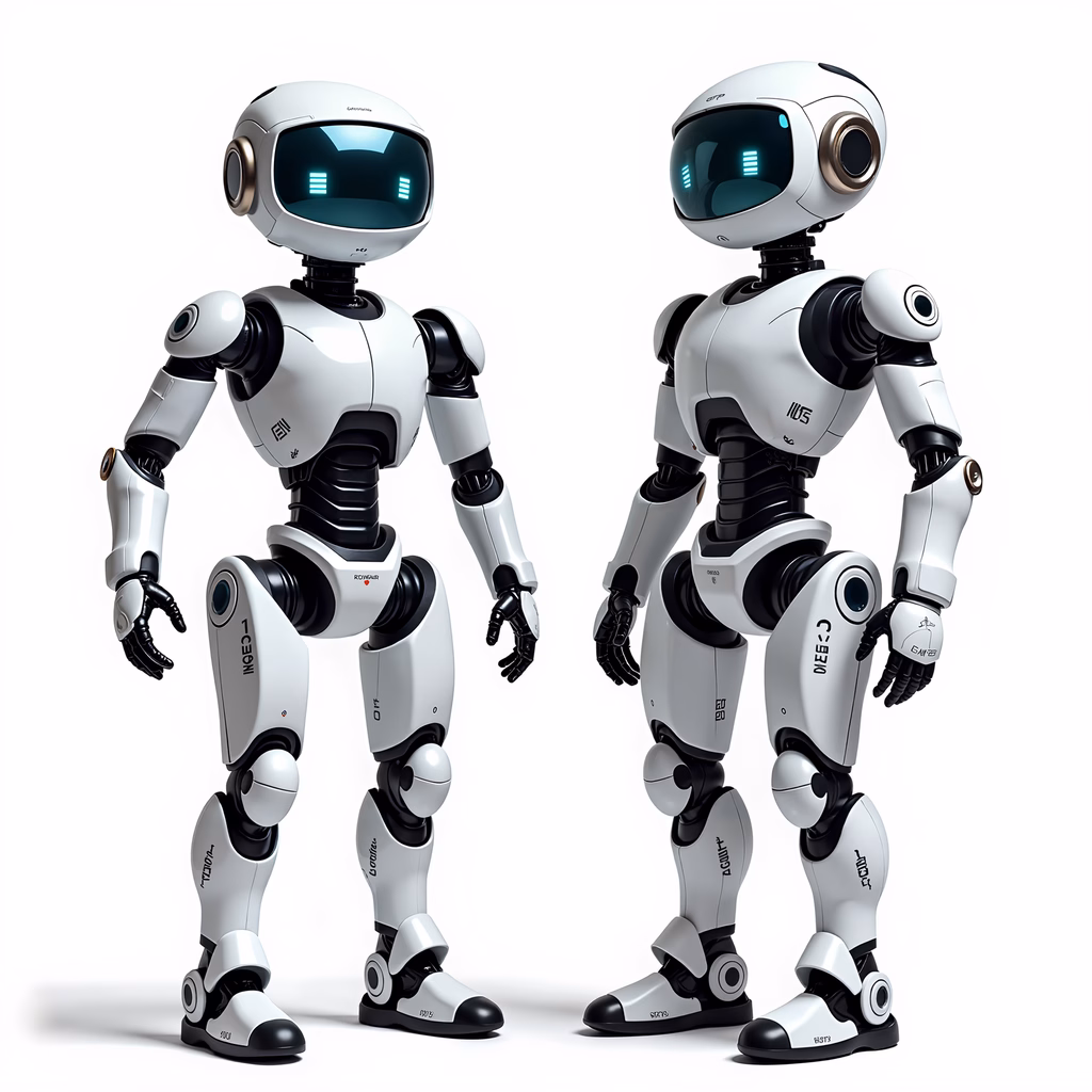 Two futuristic robots in a minimalist setting, highlighting advanced technology and design.