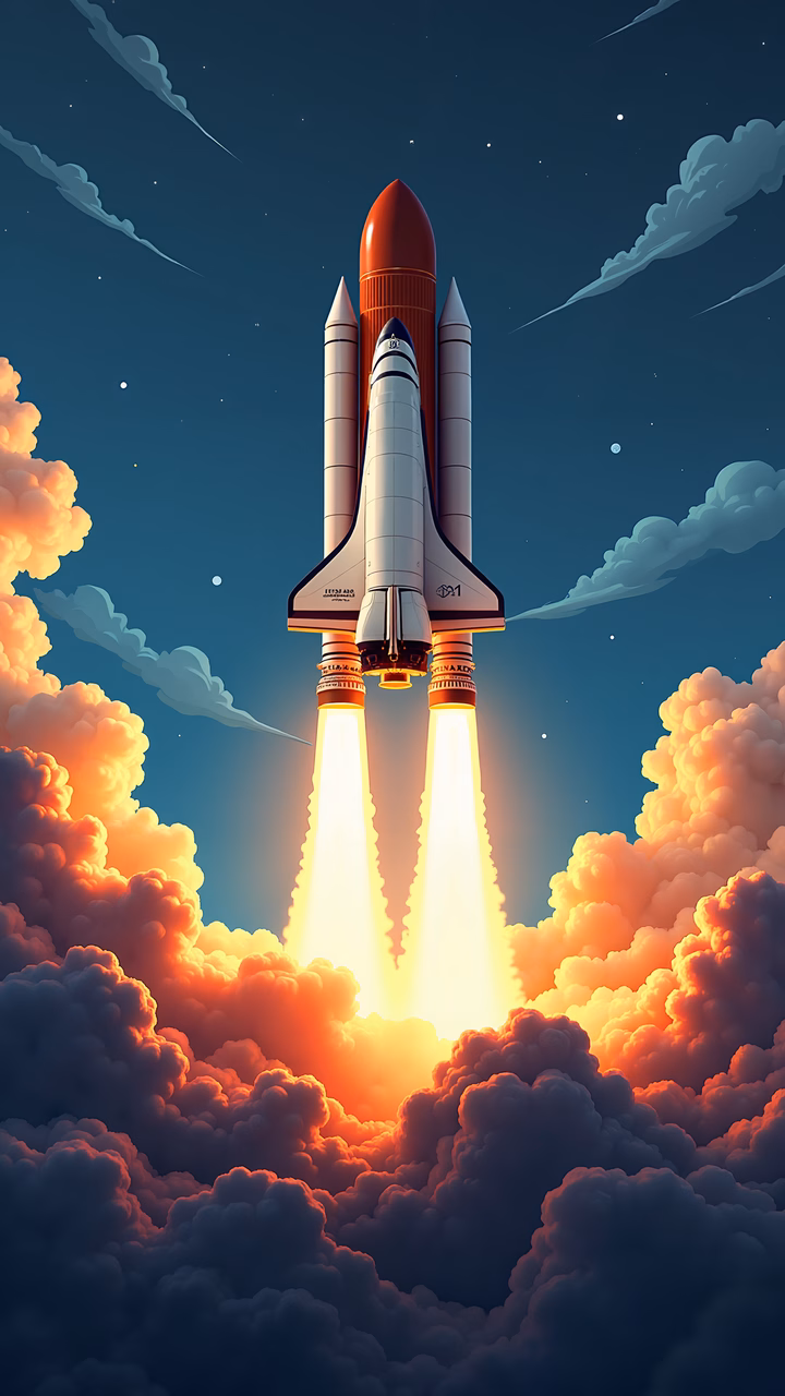 Vibrant rocket launch illustration with dynamic colors and dramatic lighting.
