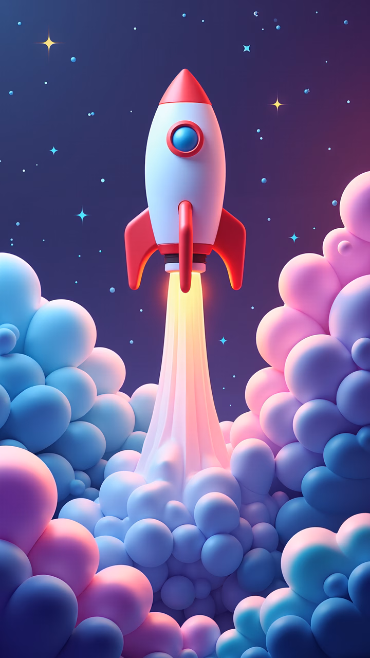 Playful rocket launch amidst colorful spheres and starry night sky.