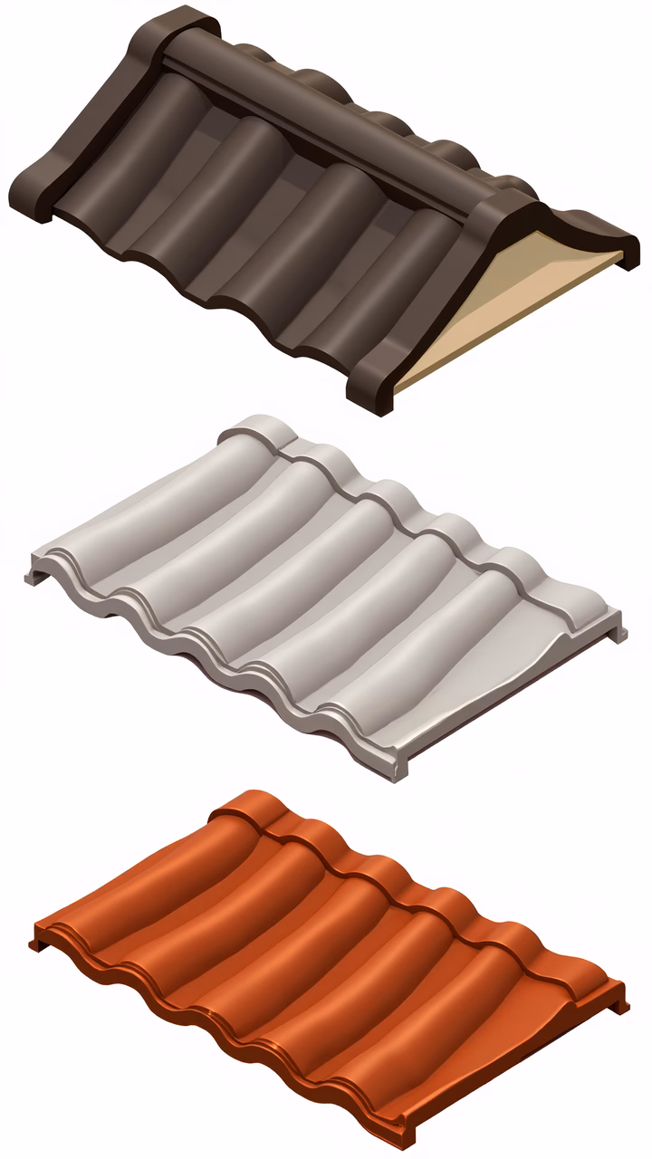 Illustrated roof tiles in brown, gray, and orange, showcasing architectural details.
