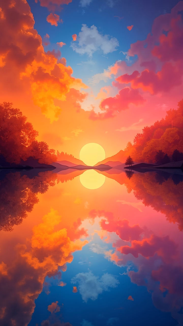 A serene sunset scene with perfect reflection in a calm lake, vibrant colors, and peaceful atmosphere.