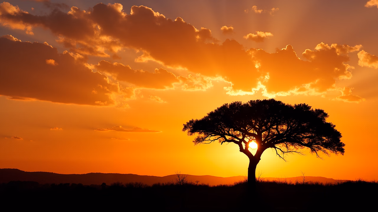 A solitary tree silhouetted against a stunning sunset sky, evoking tranquility and natural beauty.
