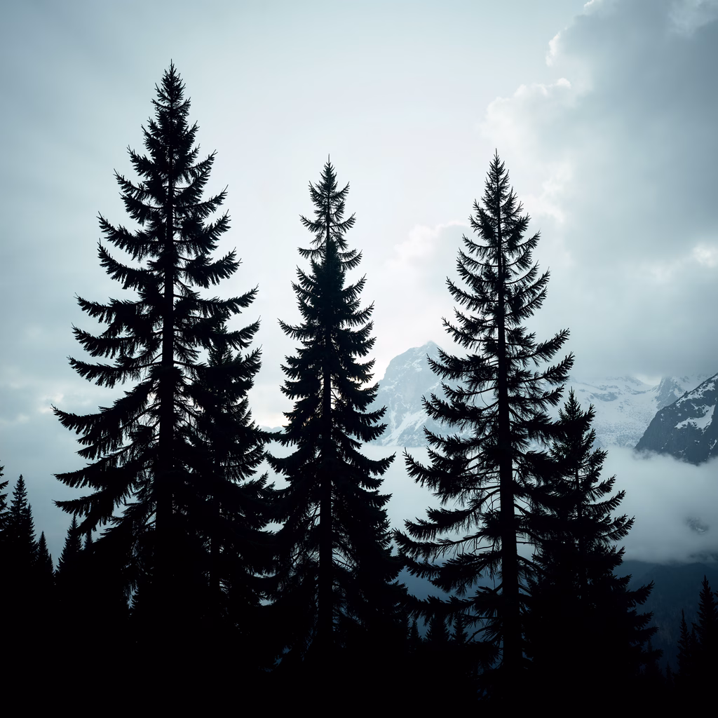 Silhouetted pine trees against a cloudy sky, evoking tranquility and natural beauty.