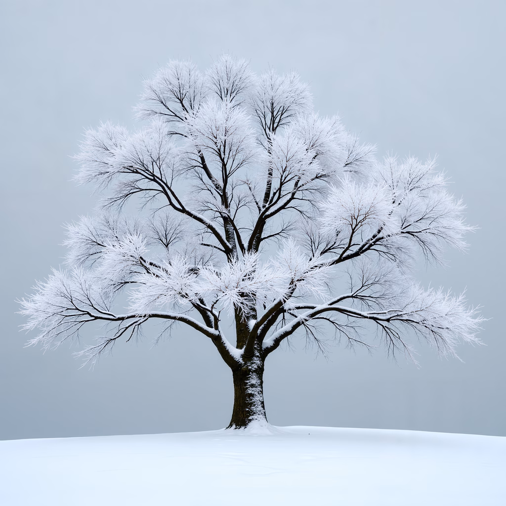 Solitary snow-covered tree in a serene winter landscape.