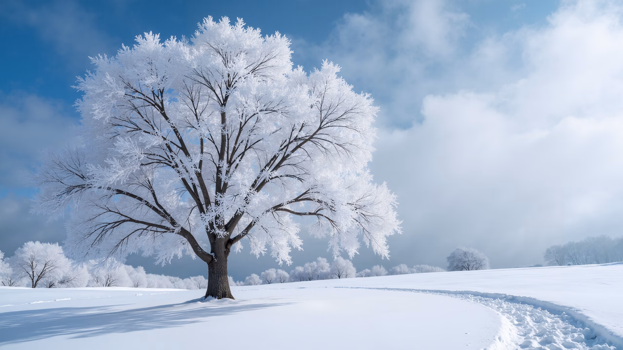 Solitary snowy tree under a clear blue sky, evoking tranquility and solitude.