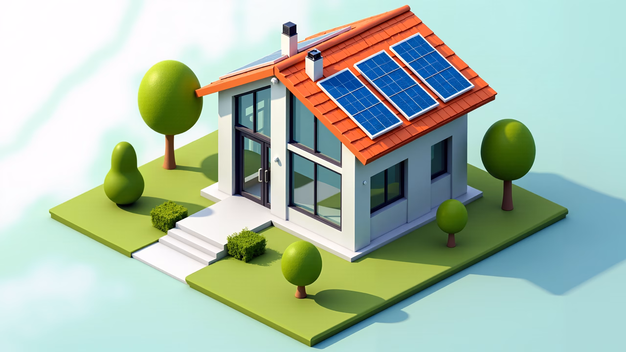 Modern eco-friendly home with solar panels and green surroundings.