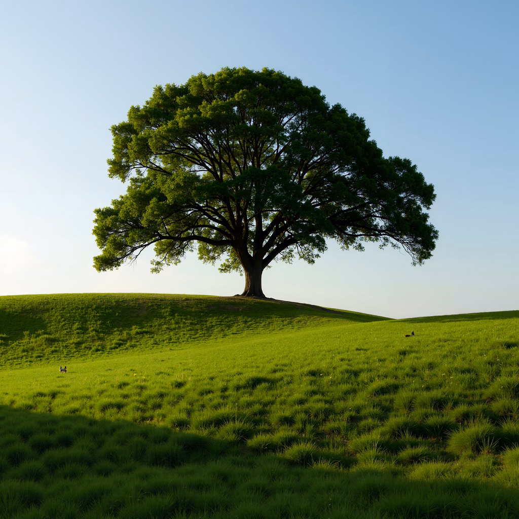 A lone tree on a verdant hill under a clear sky, symbolizing tranquility and nature's beauty.