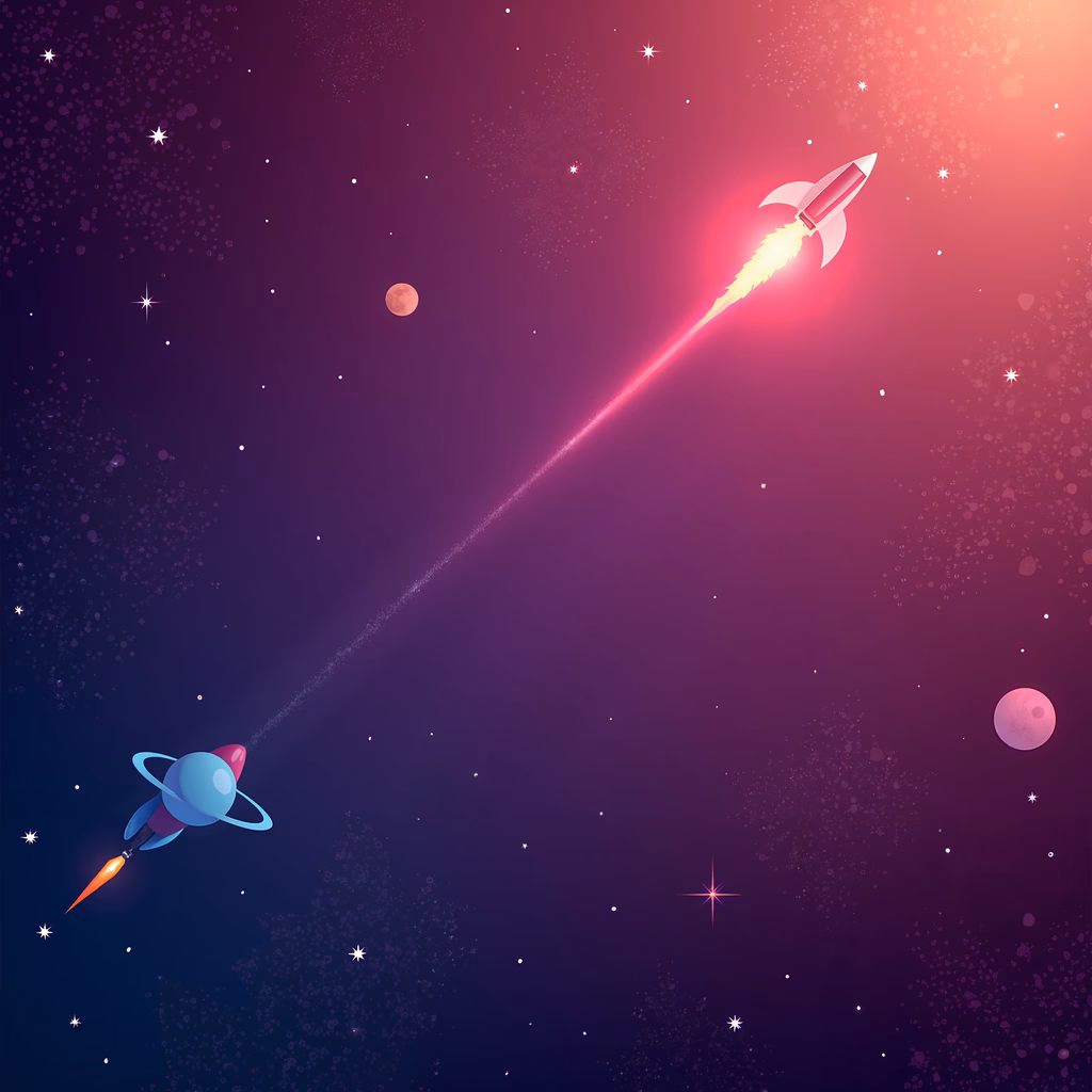 Whimsical space adventure with rockets and a gradient sky.