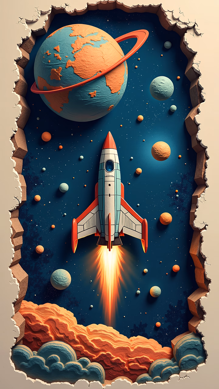 Vibrant space adventure illustration featuring a rocket launch and colorful planets.