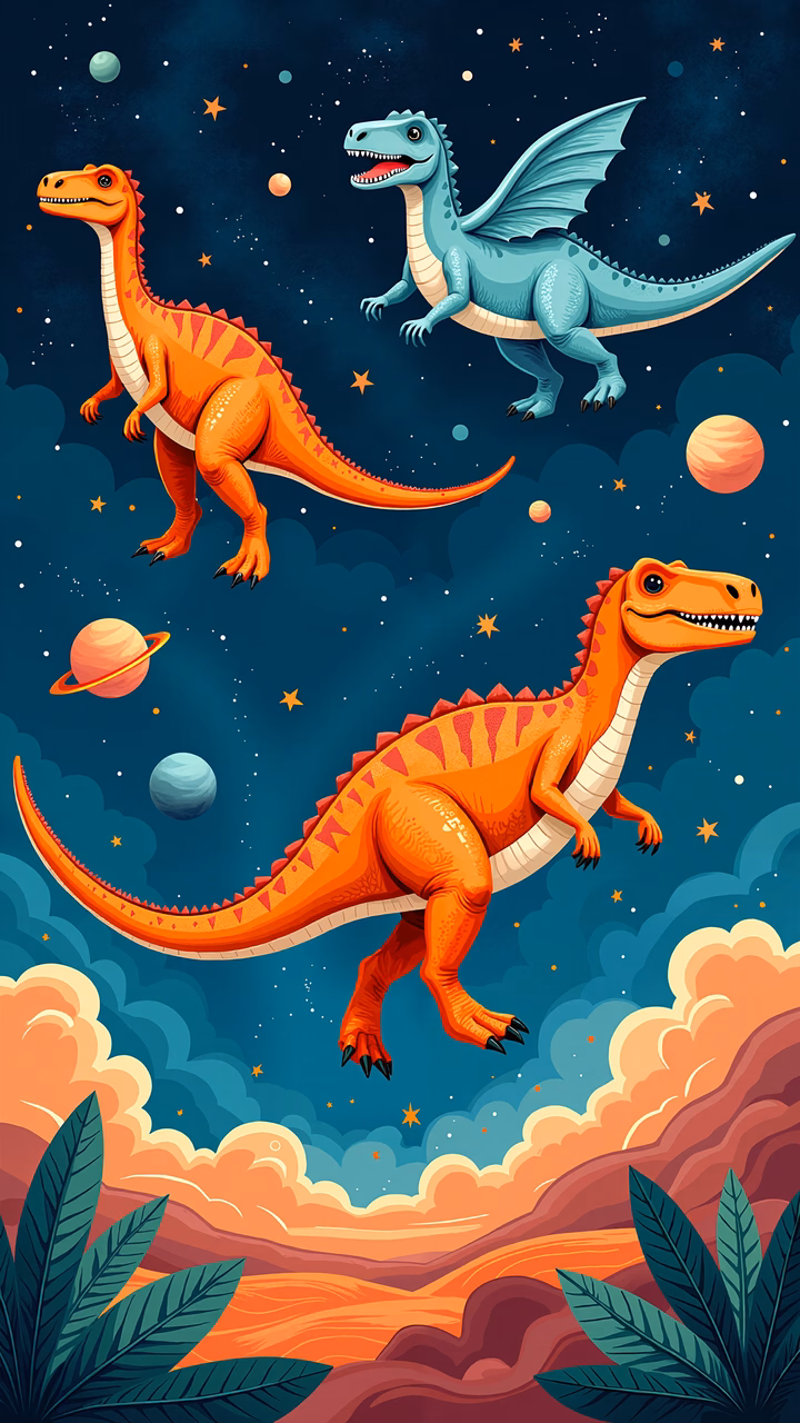 Space dinosaurs in a cosmic adventure with lush prehistoric landscapes.