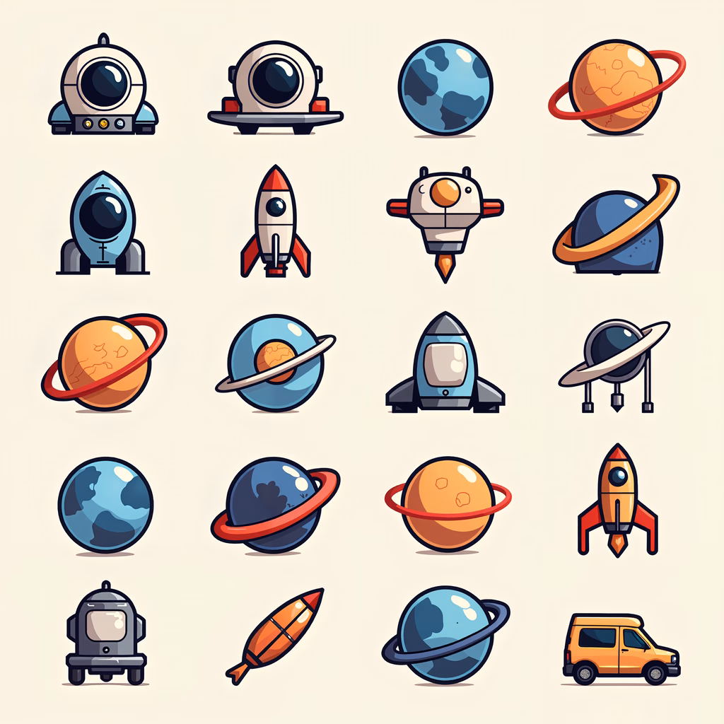 A set of colorful space icons in a modern, playful style.