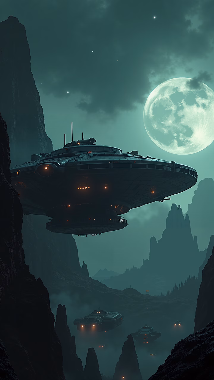 Futuristic spacecraft landing on an alien planet under a mystical moon.