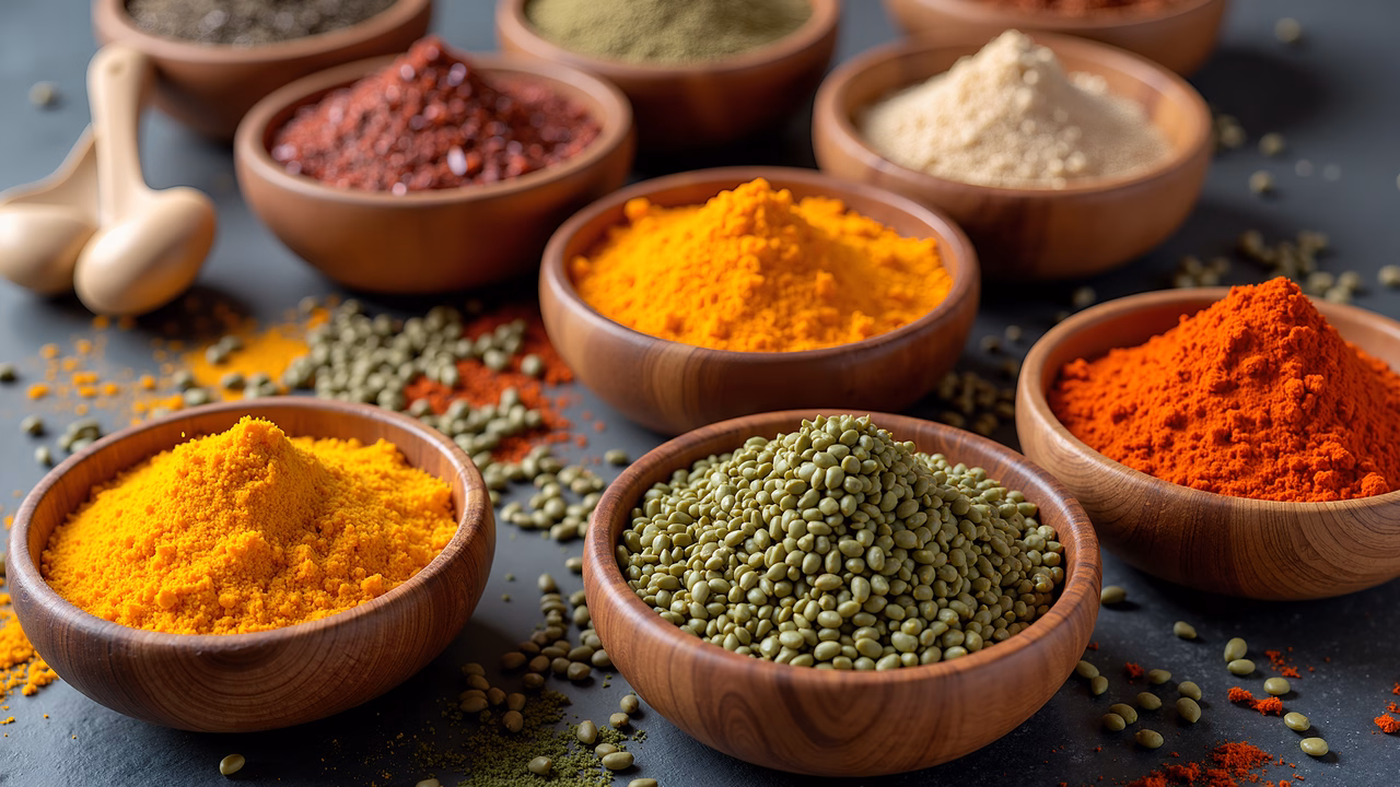 A colorful display of spices and legumes in wooden bowls.