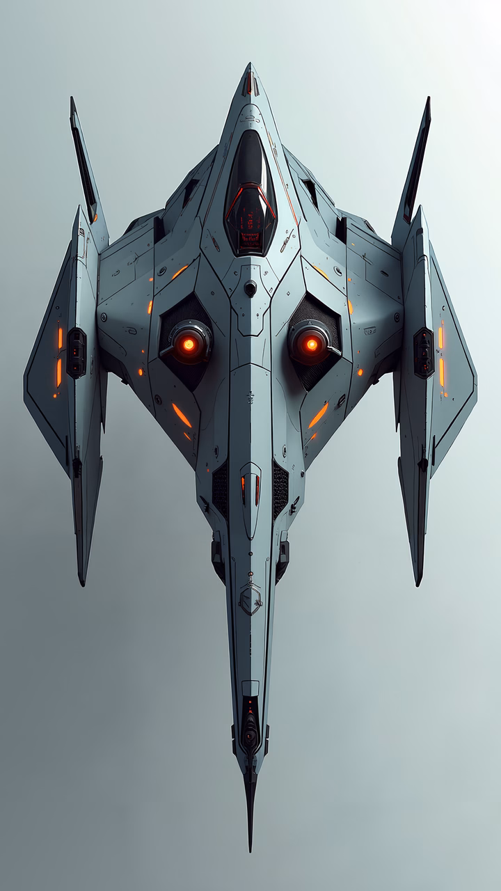 A futuristic stealth fighter jet with glowing red lights against a muted gray sky.