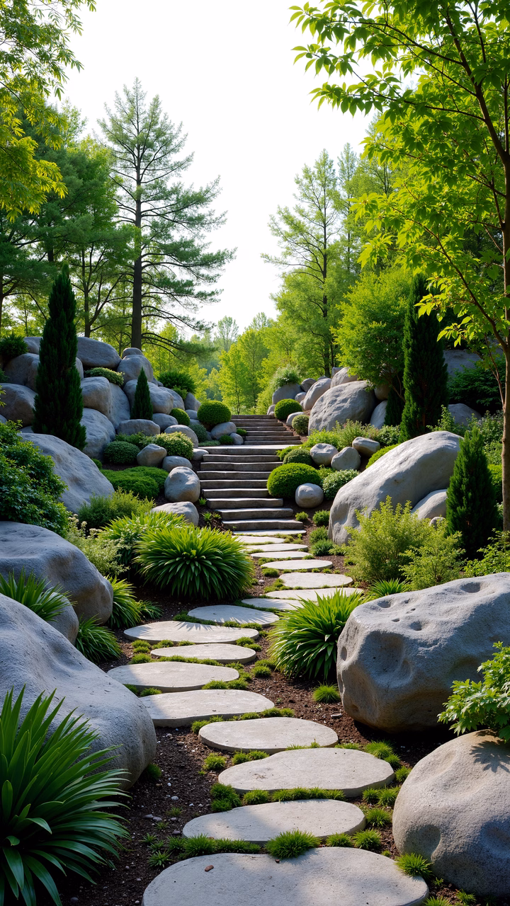A peaceful garden pathway with stepping stones and a stone staircase surrounded by greenery and rocks.
