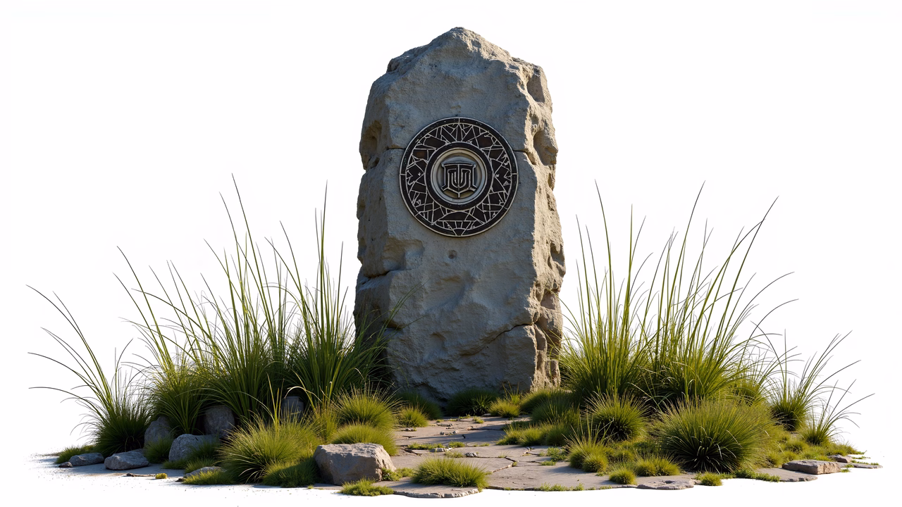A detailed stone monument with an engraved symbol, set amidst tall grasses and rocks.