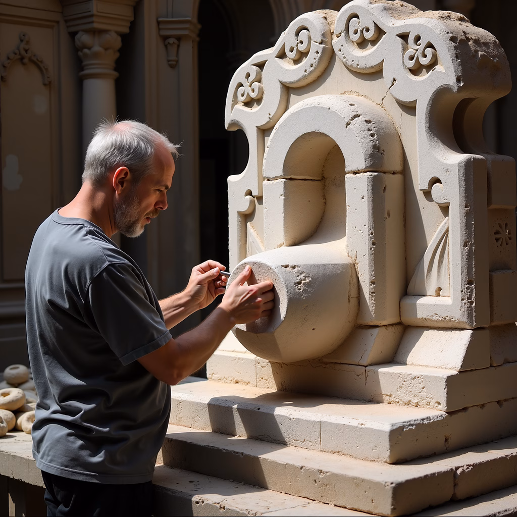 Stone sculptor at work, intricate carving, classical architecture, bright sunlight, detailed craftsmanship