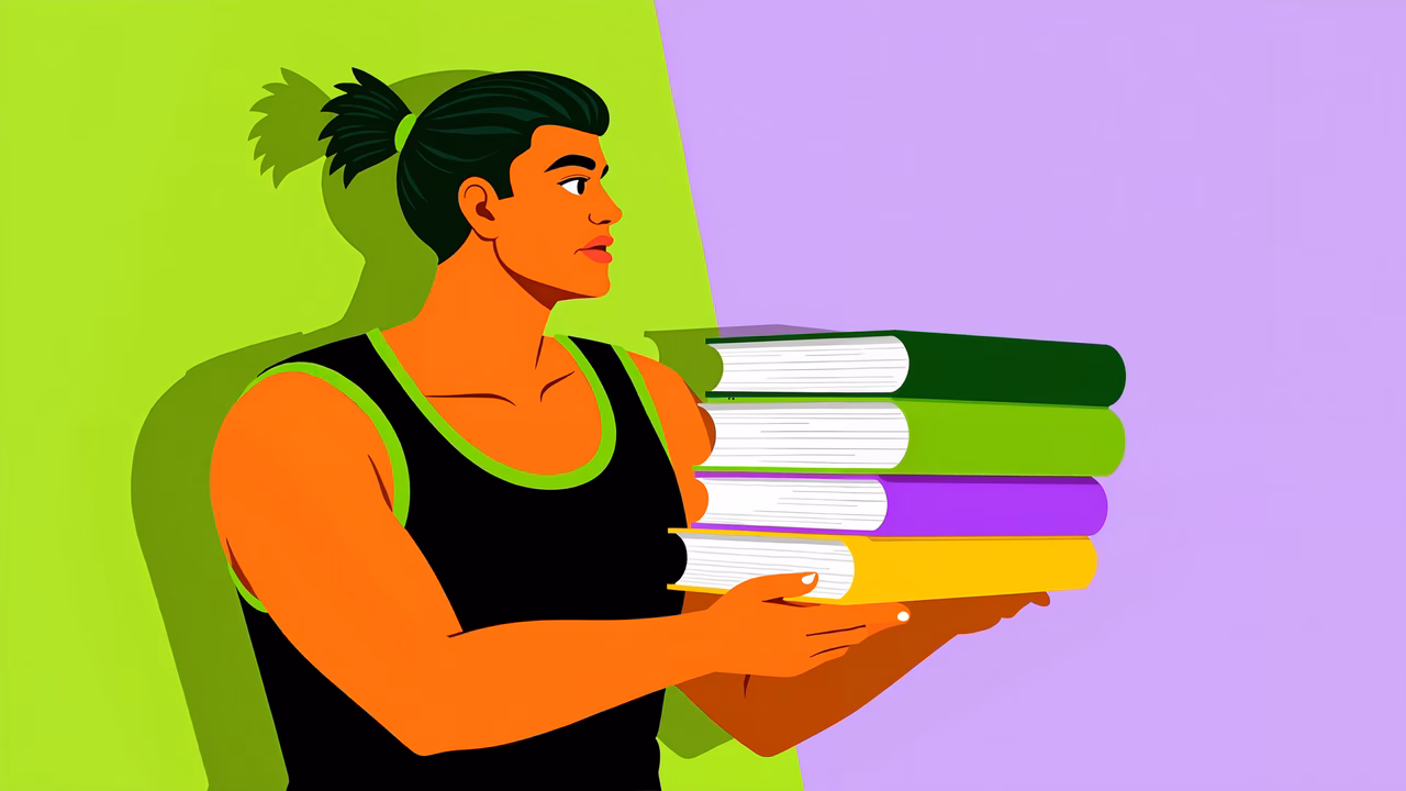A strongman holding a stack of colorful books, symbolizing strength and knowledge.
